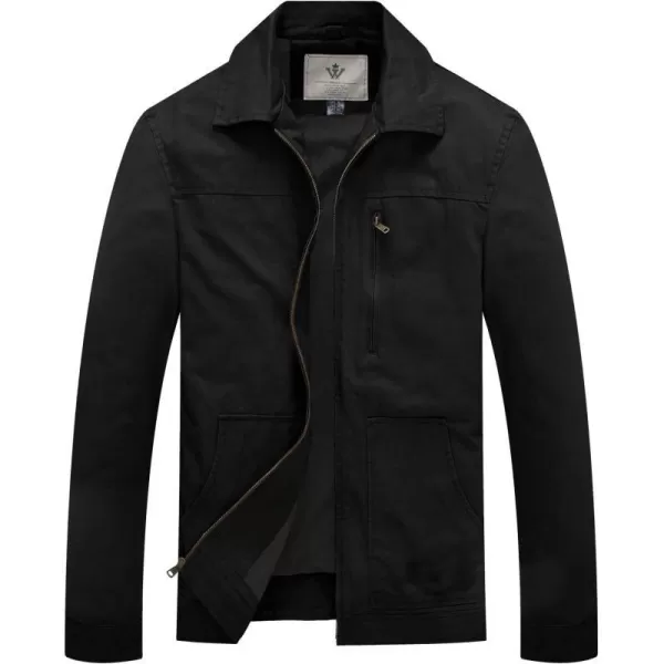 WenVen Mens Lightweight Cotton Canvas Work Jacket Casual Lapel WindbreakerBlack