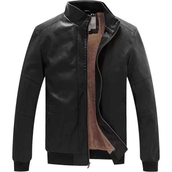 WenVen Mens Stand Collar Fleece Lined Bomber Faux Leather JacketBlack
