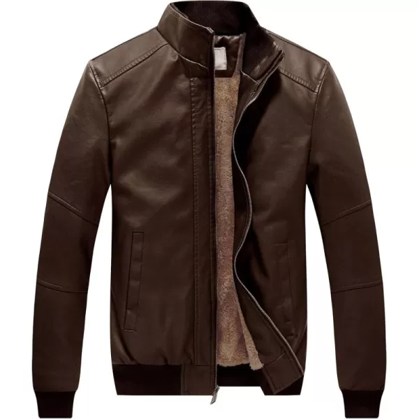 WenVen Mens Stand Collar Fleece Lined Bomber Faux Leather JacketBrown