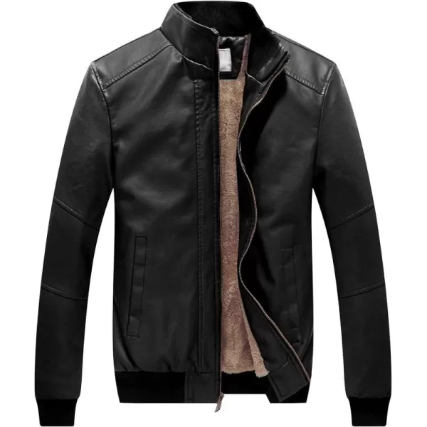 WenVen Mens Stand Collar Fleece Lined Bomber Faux Leather JacketDark Black