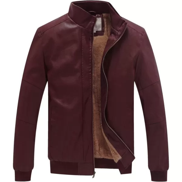 WenVen Mens Stand Collar Fleece Lined Bomber Faux Leather JacketDark Red