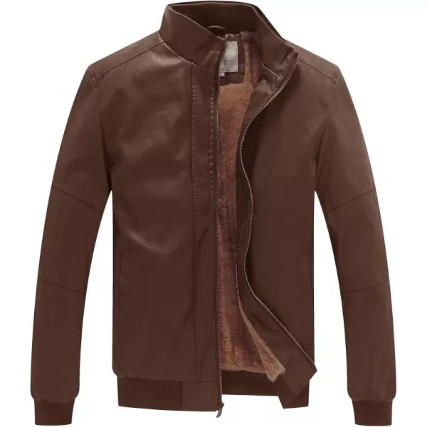WenVen Mens Stand Collar Fleece Lined Bomber Faux Leather JacketField