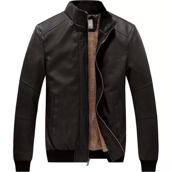 WenVen Mens Stand Collar Fleece Lined Bomber Faux Leather JacketGrey