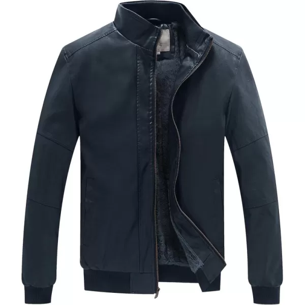 WenVen Mens Stand Collar Fleece Lined Bomber Faux Leather JacketNavy