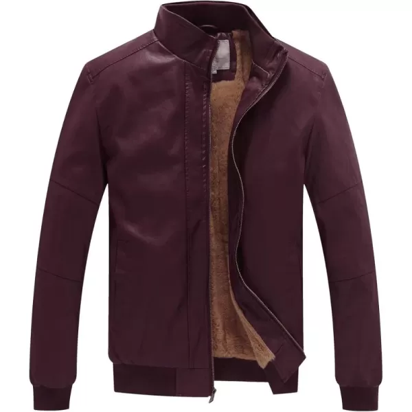 WenVen Mens Stand Collar Fleece Lined Bomber Faux Leather JacketRed Wine
