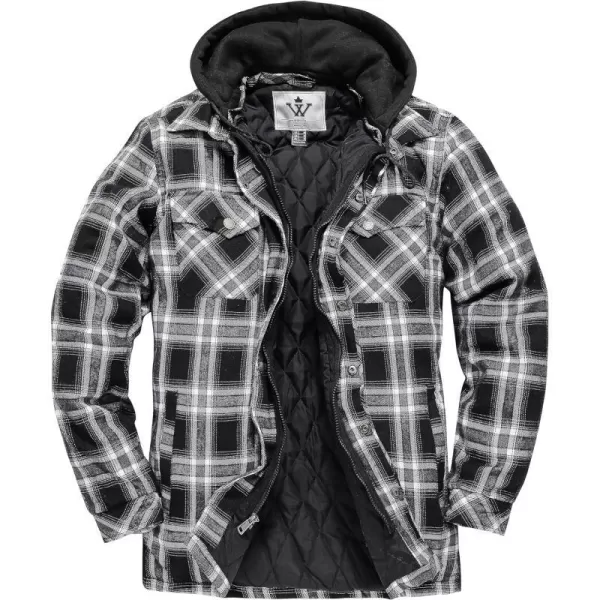 WenVen Mens Thicken Plaid Flannel Quilted Shirts Jacket with Removable HoodBlack