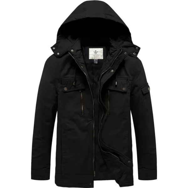 WenVen Mens Winter Warm Thicken Cotton Quilted Military Jacket Coat with HoodBlack