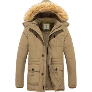 imageWenVen Mens Winter Coat Warm Parka Jacket with Faux Fur Removable HoodKhaki