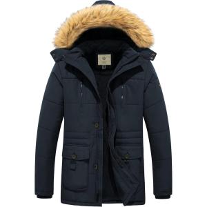 imageWenVen Mens Winter Coat Warm Parka Jacket with Faux Fur Removable HoodNavy
