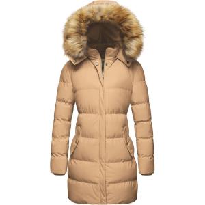 imageWenVen Womens Winter Thicken Puffer Coat Warm Jacket with Faux Fur Removable HoodLight Tan