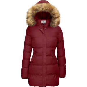 imageWenVen Womens Winter Thicken Puffer Coat Warm Jacket with Faux Fur Removable HoodRed