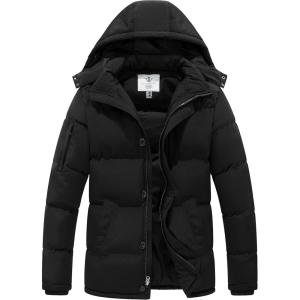 imageWenVen Mens Warm Puffer Jacket Thicken Padded Winter Coat with Detachable HoodBlack
