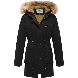 imageWenVen Womens Winter Thicken Fleece Jacket Fur Hooded Military Parka CoatBlack