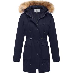 imageWenVen Womens Winter Thicken Fleece Jacket Fur Hooded Military Parka CoatNavy