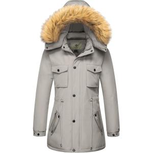 imageWenVen Womens Winter Waterproof Warm Parka Jacket with Detachable Fur HoodLight Grey