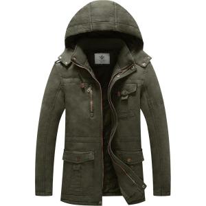imageWenVen Mens Winter Jacket Sherpa Lining Wool Trench Coat Casual Warm Parka Coat With Detachable HoodArmy Green