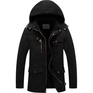 imageWenVen Mens Winter Jacket Sherpa Lining Wool Trench Coat Casual Warm Parka Coat With Detachable HoodBlack