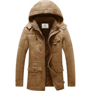 imageWenVen Mens Winter Jacket Sherpa Lining Wool Trench Coat Casual Warm Parka Coat With Detachable HoodKhaki