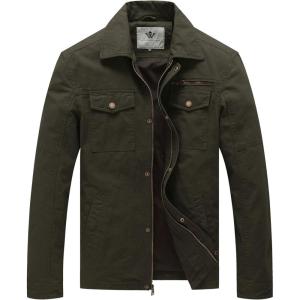 imageWenVen Mens Casual Canvas Cotton Military Lapel JacketArmy Green