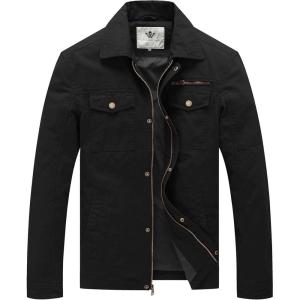 imageWenVen Mens Casual Canvas Cotton Military Lapel JacketBlack