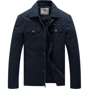 imageWenVen Mens Casual Canvas Cotton Military Lapel JacketNavy