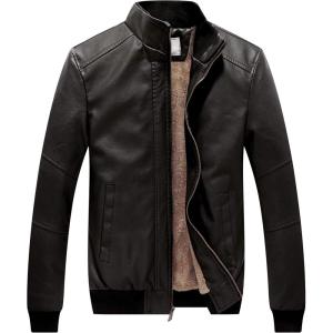 imageWenVen Mens Stand Collar Fleece Lined Bomber Faux Leather JacketGrey