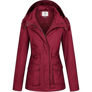 image:imageWenVen Womens Casual Cotton Military Jacket Lightweight Hooded Anorak CoatRed
