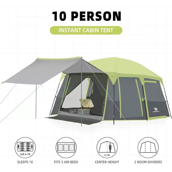 CAMEL CROWN Camping Tents 10 Person Family Cabin Tent with 2 Doors and 4 Windows Large Multiple Room Tent with Floor Mats Tents for Camping Outdoor HikingGreen