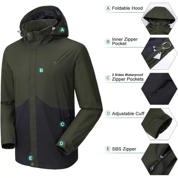 CAMEL CROWN Mens Lightweight Rain Jacket Waterproof Raincoat Windbreaker Hooded Active Outdoor Shell Jacket for Hiking WorkArmy Green