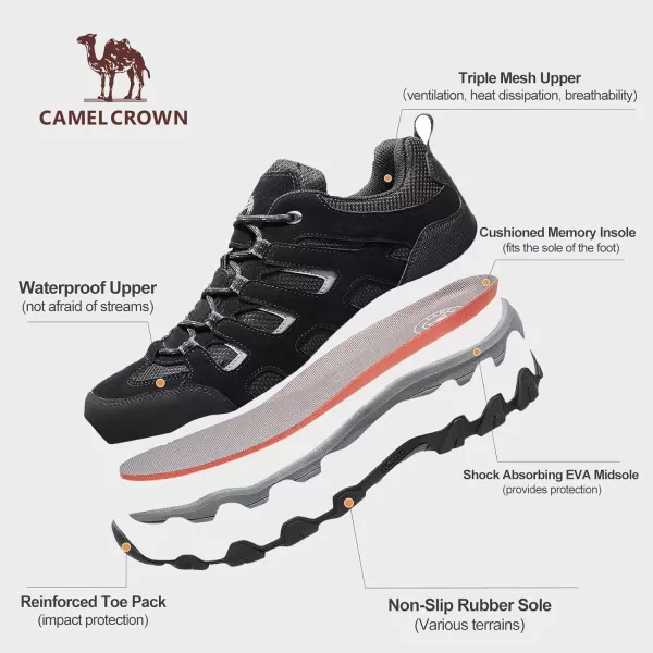 CAMEL CROWN Mens Waterproof Hiking Shoes for Outdoor Trailing Camping Trekking Low Top Lightweight Breathable Trail Shoes for MenBlack