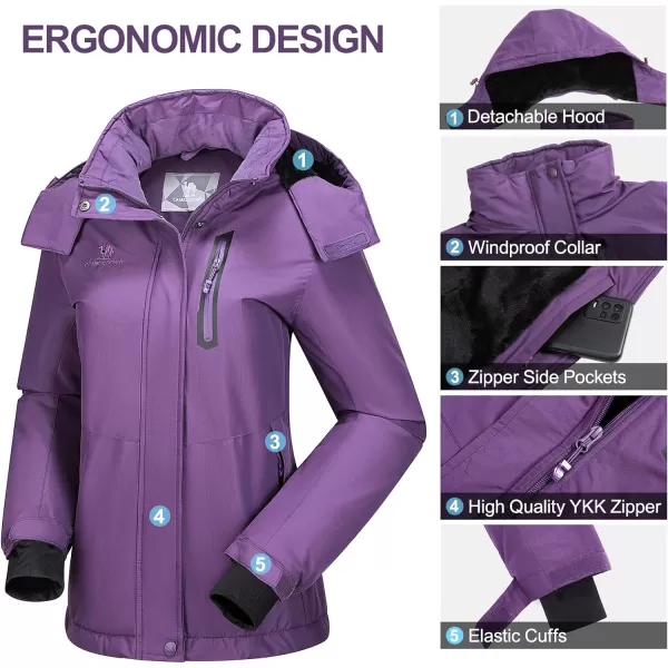 CAMEL CROWN Womens Ski Jacket Waterproof Warm Winter Snow Coat Hooded Mountain Outdoor Windbreaker Windproof JacketPurple New