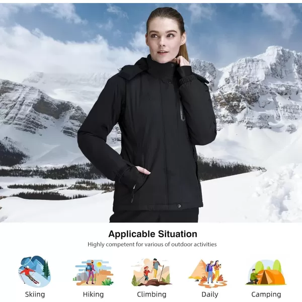 CAMEL CROWN Womens Ski Jacket with Hood Winter Thicken Windproof Raincoat Warm Fleece Mountain Female CoatBlack