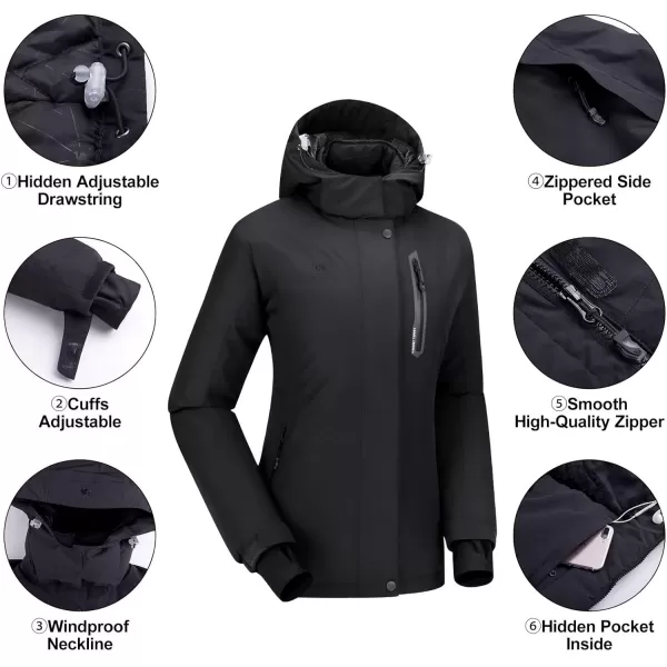 CAMEL CROWN Womens Ski Jacket with Hood Winter Thicken Windproof Raincoat Warm Fleece Mountain Female CoatBlack