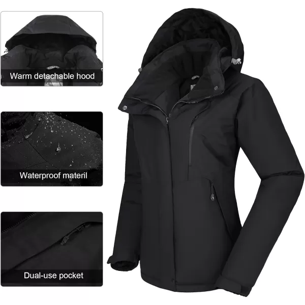 CAMEL CROWN Womens Ski Jacket with Hood Winter Thicken Windproof Raincoat Warm Fleece Mountain Female CoatBlack1