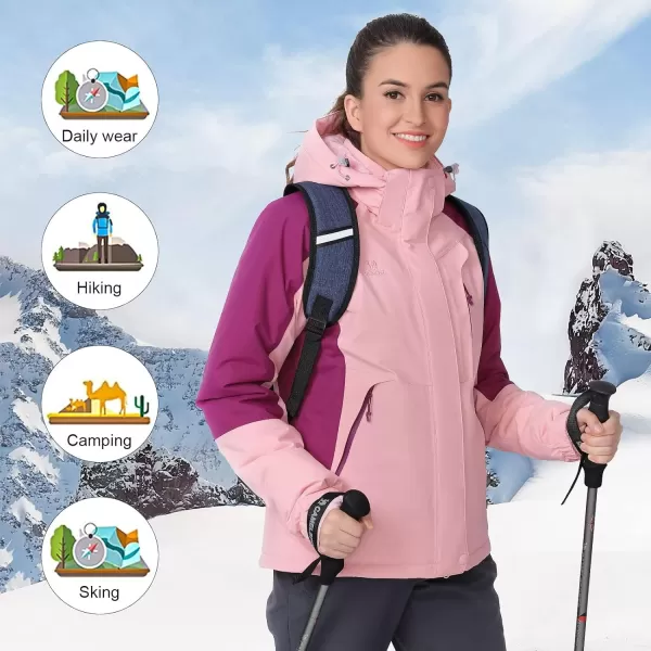 CAMEL CROWN Womens Ski Jacket with Hood Winter Thicken Windproof Raincoat Warm Fleece Mountain Female CoatPink