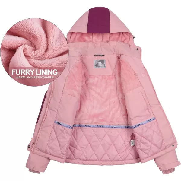 CAMEL CROWN Womens Ski Jacket with Hood Winter Thicken Windproof Raincoat Warm Fleece Mountain Female CoatPink