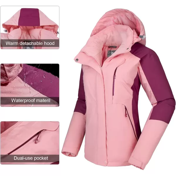 CAMEL CROWN Womens Ski Jacket with Hood Winter Thicken Windproof Raincoat Warm Fleece Mountain Female CoatPink