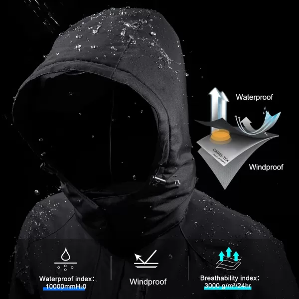 CAMEL CROWN Womens Warm Winter Ski Jackets Waterproof Snow Coat with Hood Mountain Windproof Rain JacketBlack