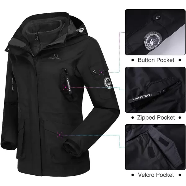 CAMEL CROWN Womens Waterproof Ski Jacket 3in1 Windbreaker Winter Coat Fleece Inner for Rain Snow Outdoor HikingBlack