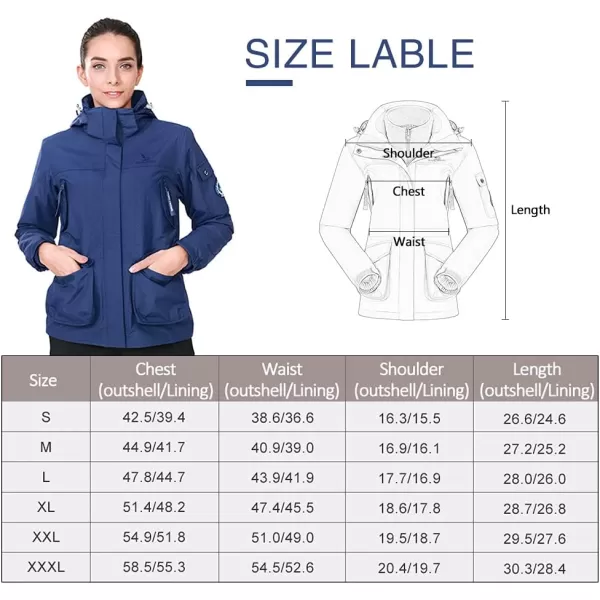 CAMEL CROWN Womens Waterproof Ski Jacket 3in1 Windbreaker Winter Coat Fleece Inner for Rain Snow Outdoor HikingDark Blue415020