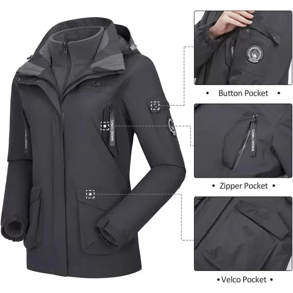 CAMEL CROWN Womens Waterproof Ski Jacket 3in1 Windbreaker Winter Coat Fleece Inner for Rain Snow Outdoor HikingDark Grey415020