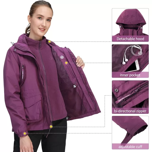 CAMEL CROWN Womens Waterproof Ski Jacket 3in1 Windbreaker Winter Coat Fleece Inner for Rain Snow Outdoor HikingDeep Purple415020