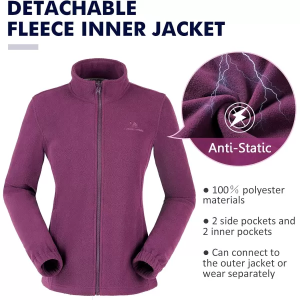 CAMEL CROWN Womens Waterproof Ski Jacket 3in1 Windbreaker Winter Coat Fleece Inner for Rain Snow Outdoor HikingDeep Purple415020