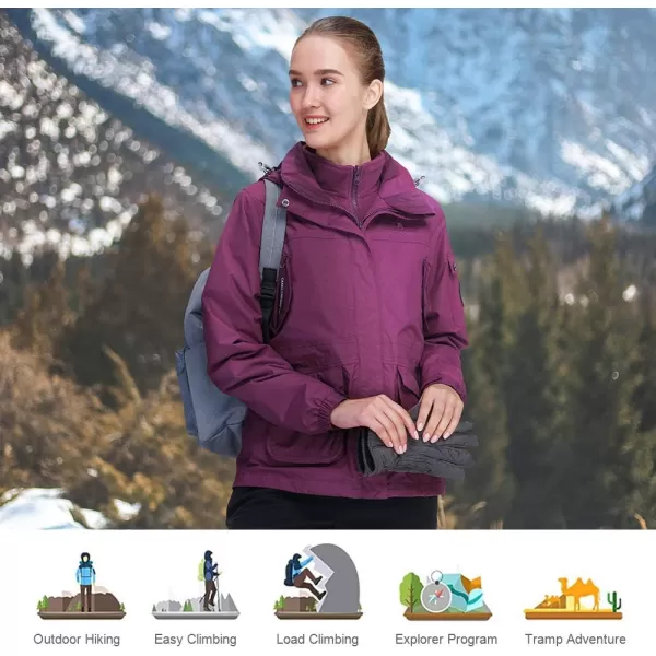 CAMEL CROWN Womens Waterproof Ski Jacket 3in1 Windbreaker Winter Coat Fleece Inner for Rain Snow Outdoor HikingDeep Purple415020