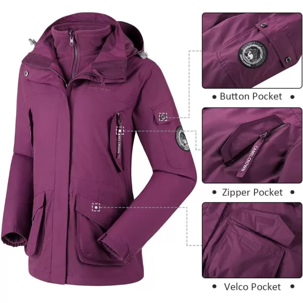 CAMEL CROWN Womens Waterproof Ski Jacket 3in1 Windbreaker Winter Coat Fleece Inner for Rain Snow Outdoor HikingDeep Purple415020