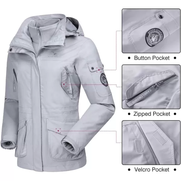 CAMEL CROWN Womens Waterproof Ski Jacket 3in1 Windbreaker Winter Coat Fleece Inner for Rain Snow Outdoor HikingLight Grey415020