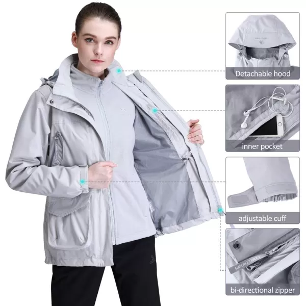 CAMEL CROWN Womens Waterproof Ski Jacket 3in1 Windbreaker Winter Coat Fleece Inner for Rain Snow Outdoor HikingLight Grey415020