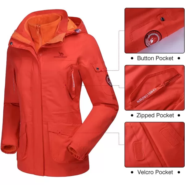 CAMEL CROWN Womens Waterproof Ski Jacket 3in1 Windbreaker Winter Coat Fleece Inner for Rain Snow Outdoor HikingOrange415020