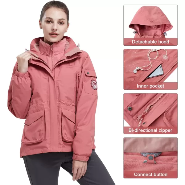 CAMEL CROWN Womens Waterproof Ski Jacket 3in1 Windbreaker Winter Coat Fleece Inner for Rain Snow Outdoor HikingPink415020