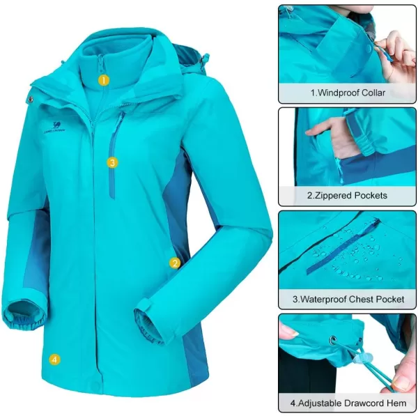 CAMEL CROWN Womens Waterproof Ski Jacket Winter Coat Windbreaker Fleece Inner Detachable Hood Snow Hiking OutdoorBlue109